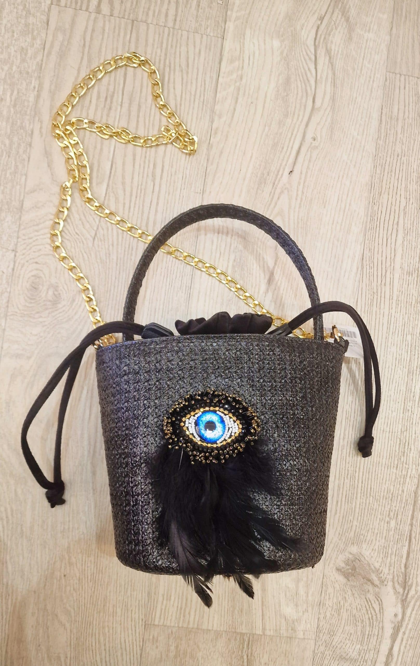 Bolso bucket negro ojo plumas - Imagen 2