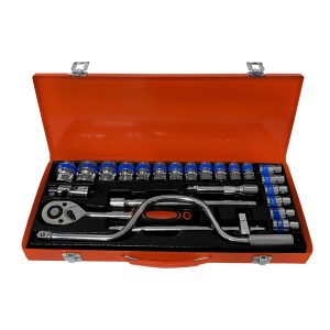 Juego llave ratchet (x1) + dados 1/2″ (x18) + acc. (x5)-estuche metal-crv-24 pzas